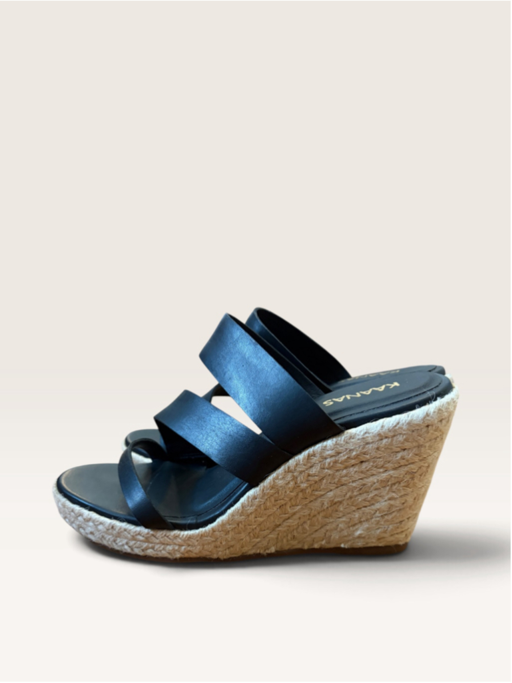 Kaanas Monarch Black Leather Espadrille Wedge Sandals Anthropologie NIB Sz 7